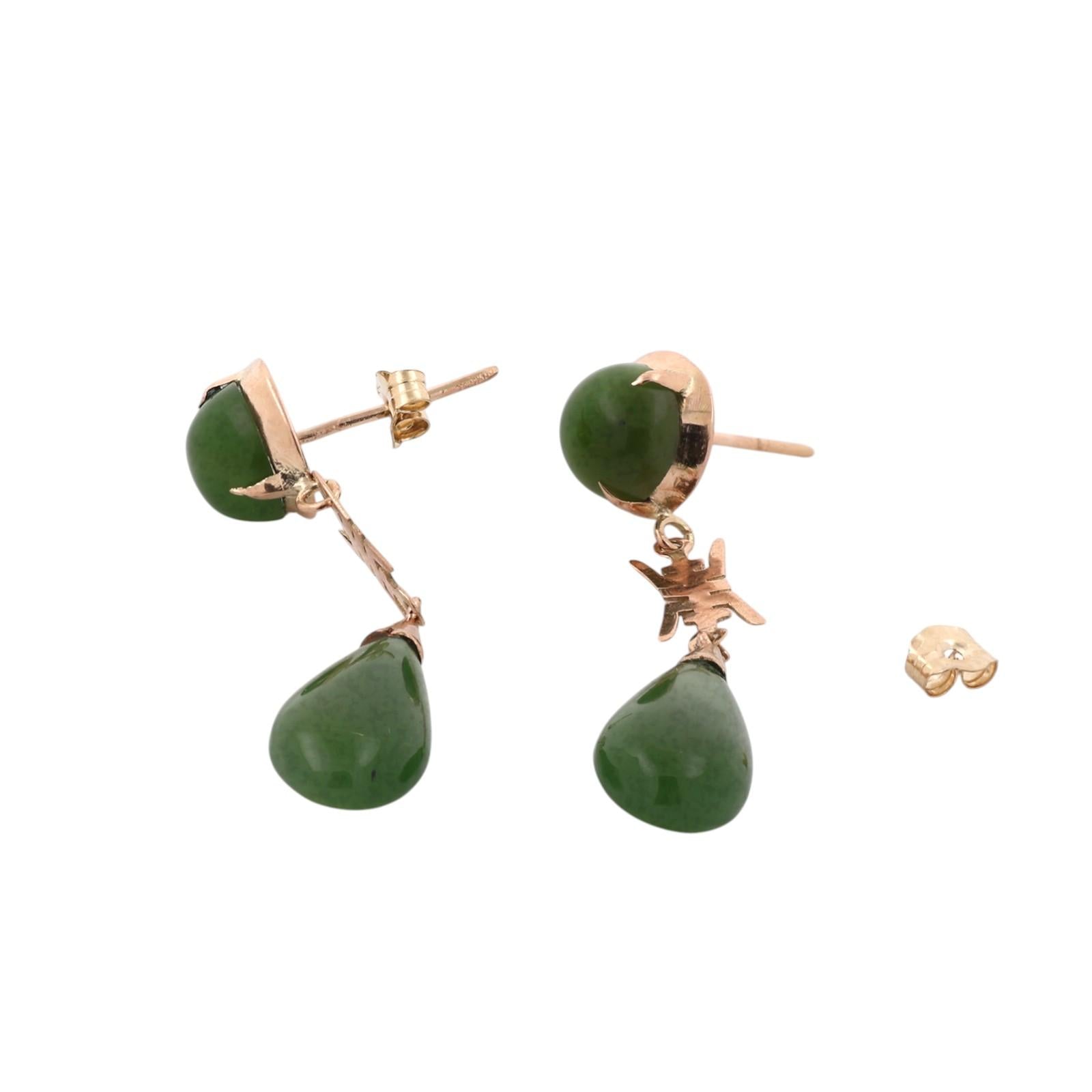 Nephrite Jade Drop Dangle Earrings 10K Yellow Gold Asian Motif Vintage