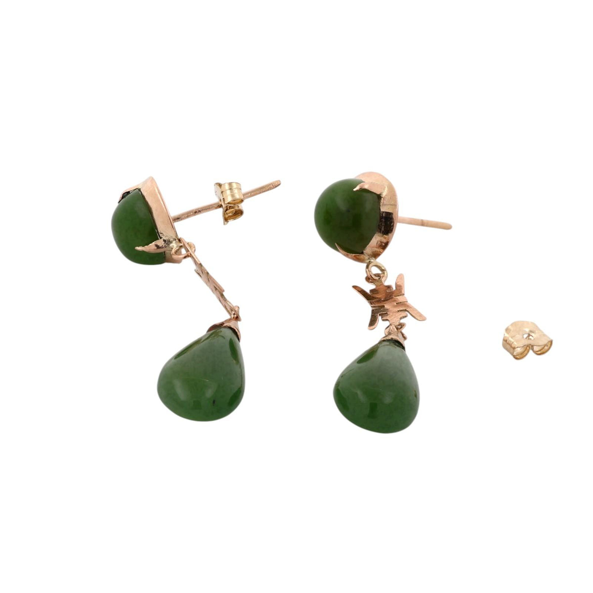 Nephrite Jade Drop Dangle Earrings 10K Yellow Gold Asian Motif Vintage