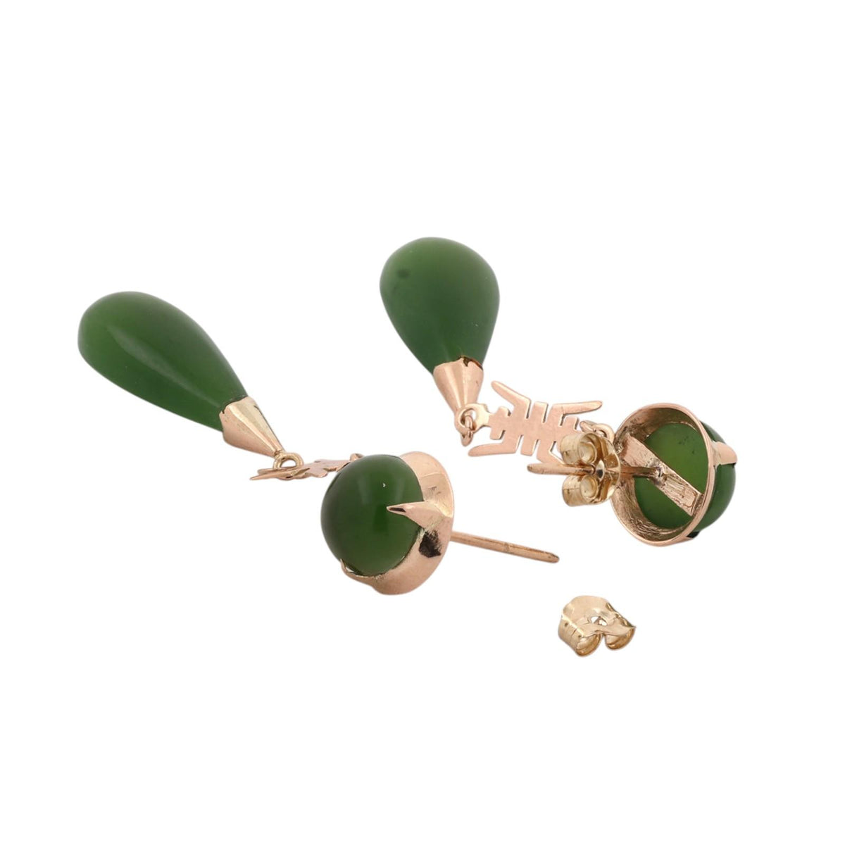 Nephrite Jade Drop Dangle Earrings 10K Yellow Gold Asian Motif Vintage