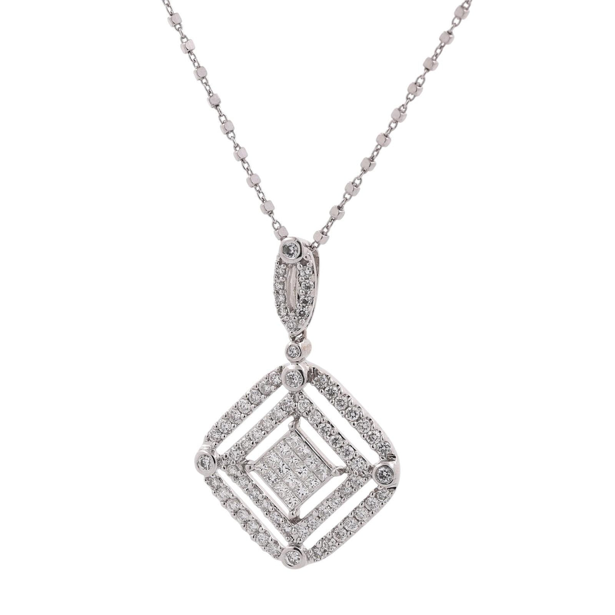 Natural Diamond Square Halo Pendant Necklace 14K White Gold 1.50 CTW 18.75"