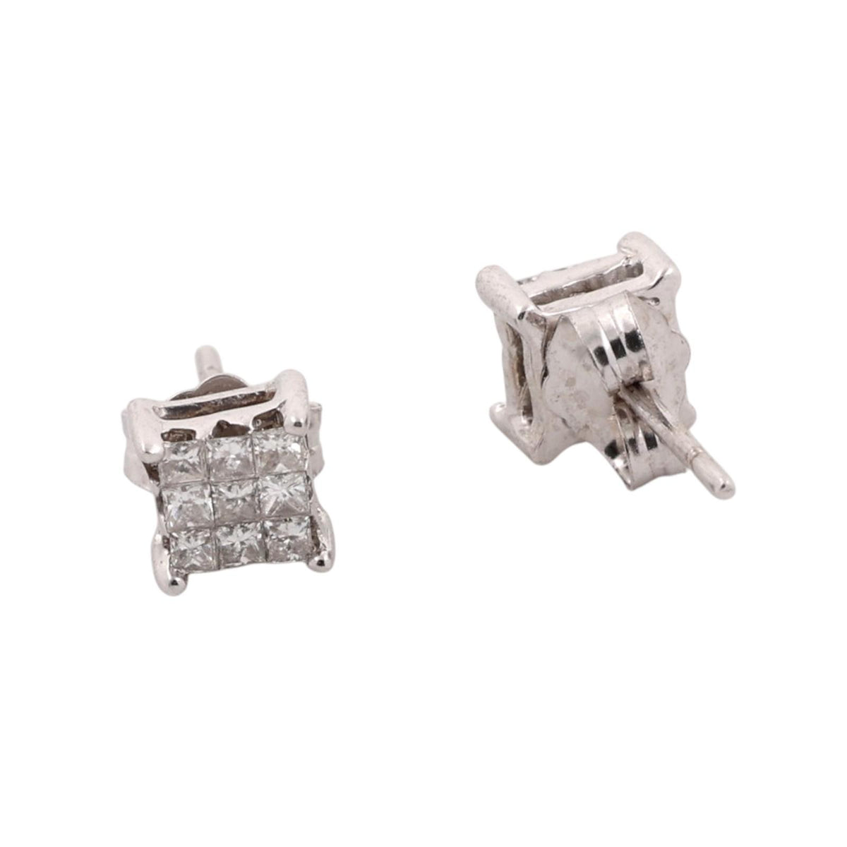 Natural Princess Diamond Cluster Stud Earrings 14K White Gold 0.33 CTW Square