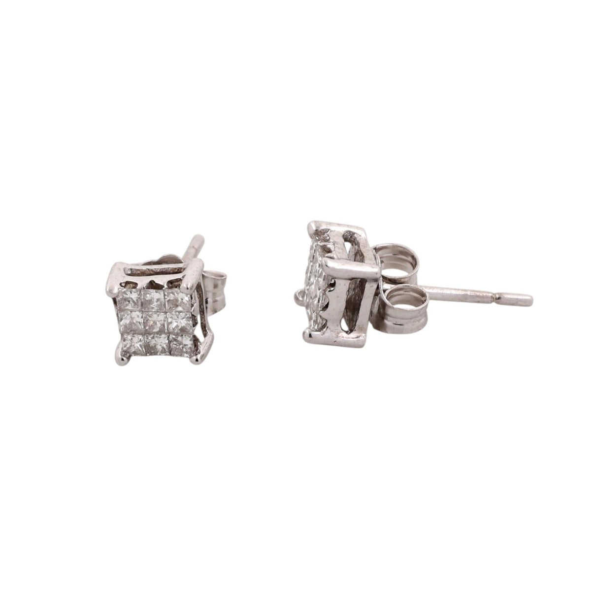 Natural Princess Diamond Cluster Stud Earrings 14K White Gold 0.33 CTW Square