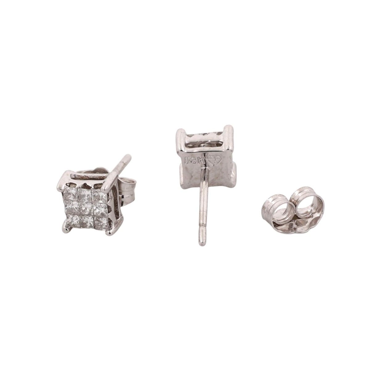 Natural Princess Diamond Cluster Stud Earrings 14K White Gold 0.33 CTW Square