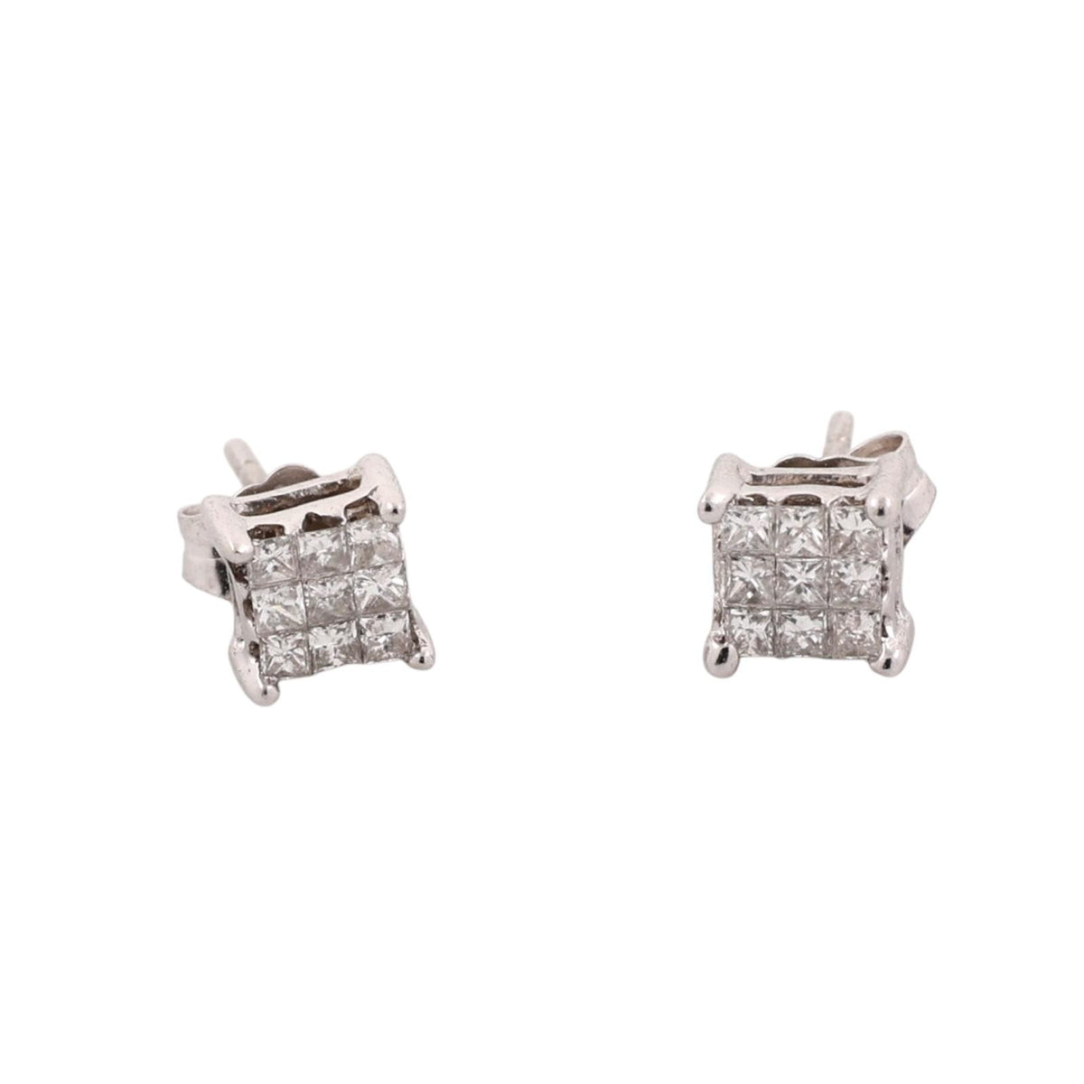 Natural Princess Diamond Cluster Stud Earrings 14K White Gold 0.33 CTW Square