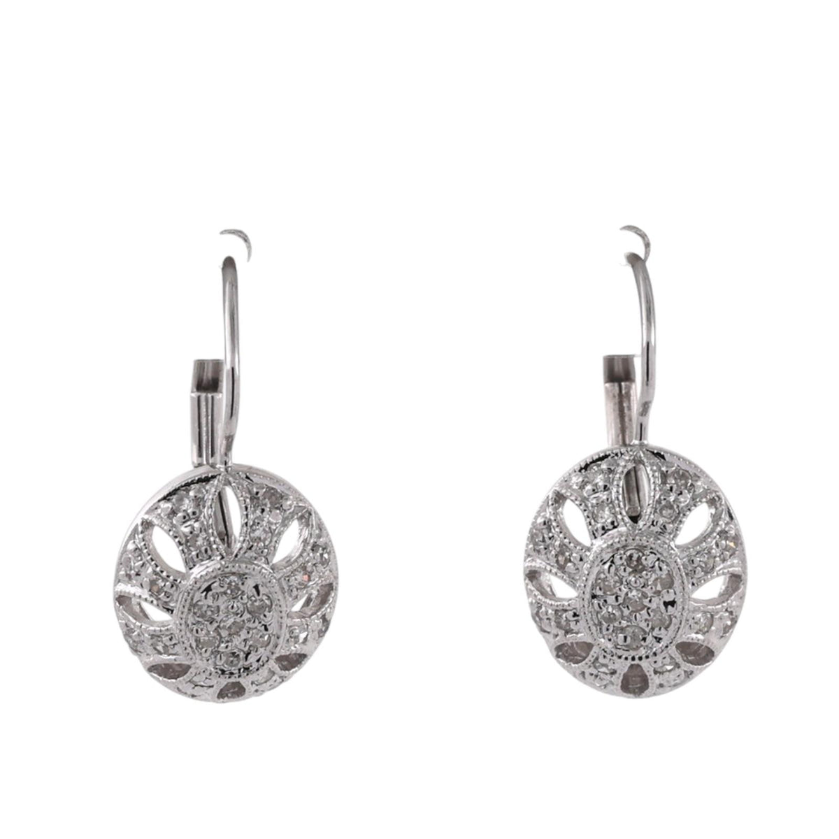 Natural Diamond Filigree Drop Earrings 14K White Gold 0.40 CTW Lever Backs 0.75"