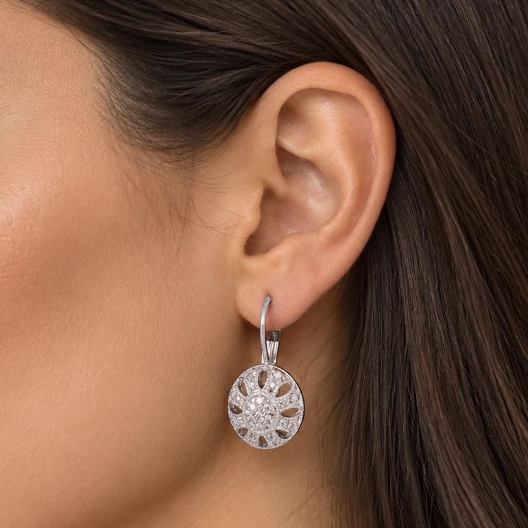 Natural Diamond Filigree Drop Earrings 14K White Gold 0.40 CTW Lever Backs 0.75"