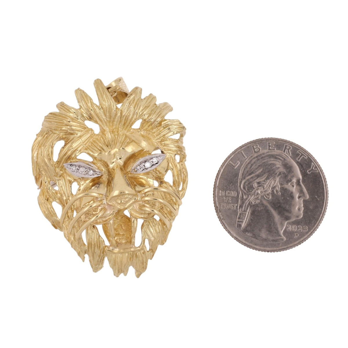 Vintage Italian Lion Head Pendant Brooch Pin 18K Gold Diamond Eyes 20.6g 1.90"