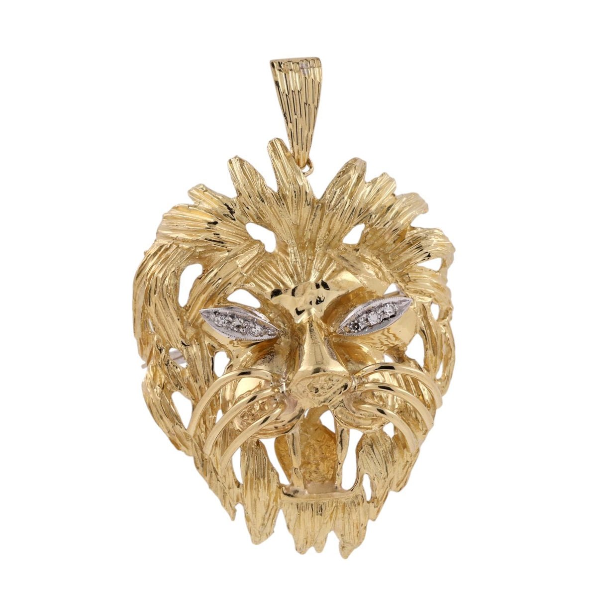 Vintage Italian Lion Head Pendant Brooch Pin 18K Gold Diamond Eyes 20.6g 1.90"