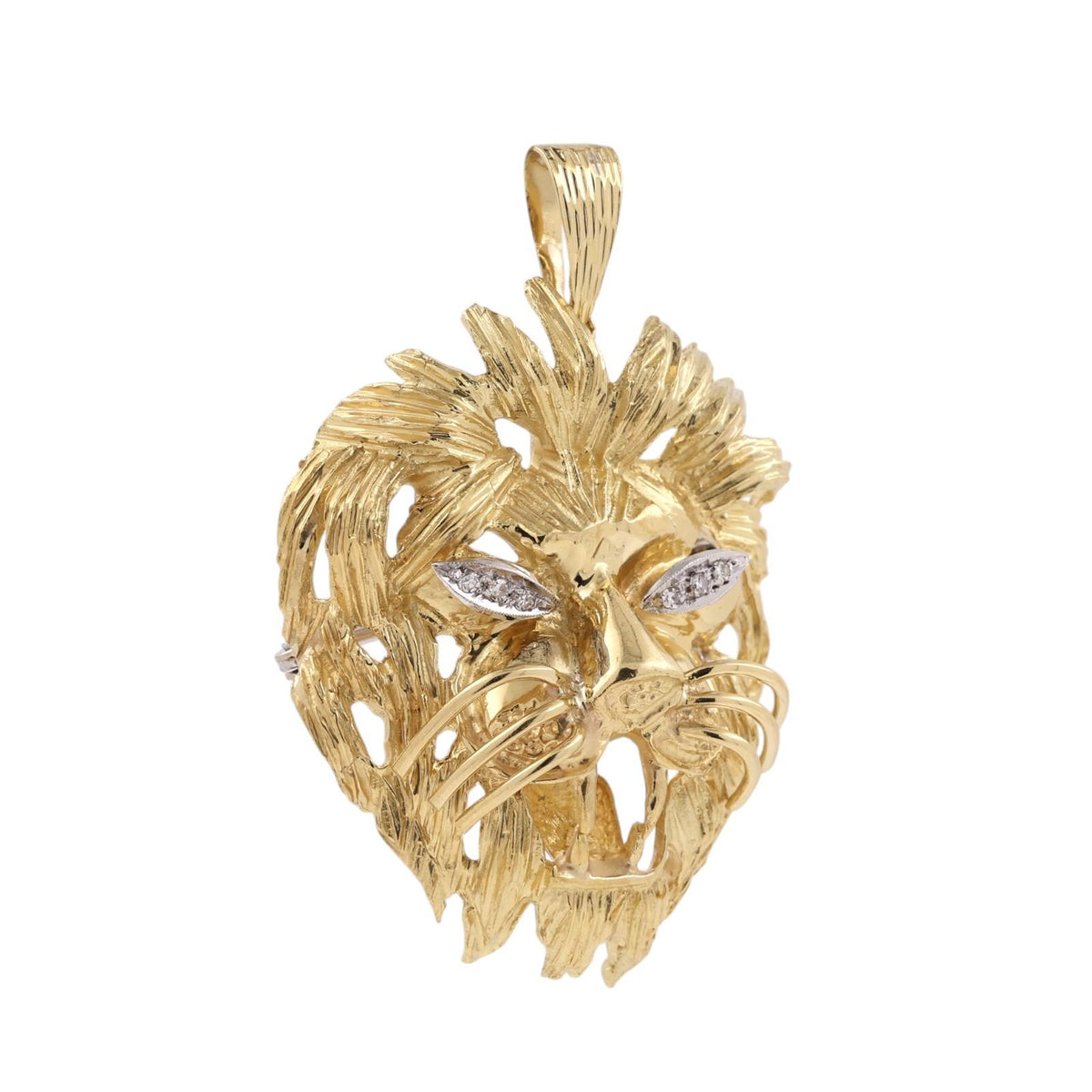 Vintage Italian Lion Head Pendant Brooch Pin 18K Gold Diamond Eyes 20.6g 1.90"