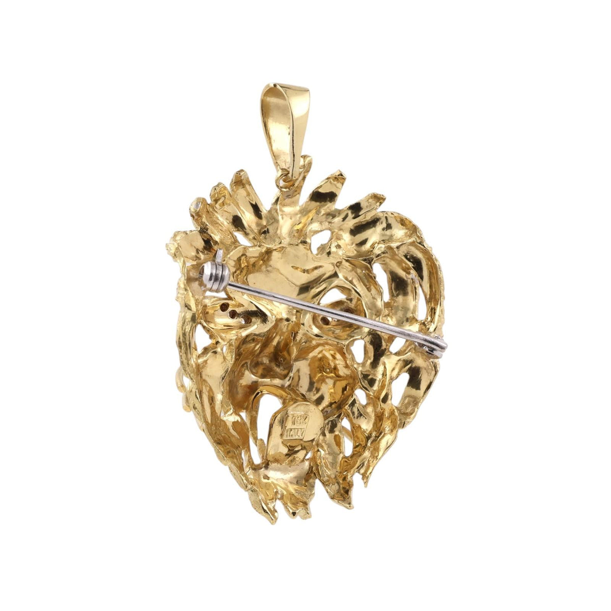 Vintage Italian Lion Head Pendant Brooch Pin 18K Gold Diamond Eyes 20.6g 1.90"