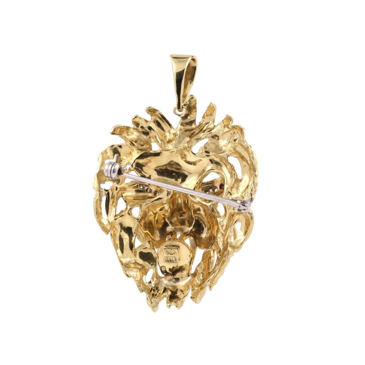 Vintage Italian Lion Head Pendant Brooch Pin 18K Gold Diamond Eyes 20.6g 1.90"