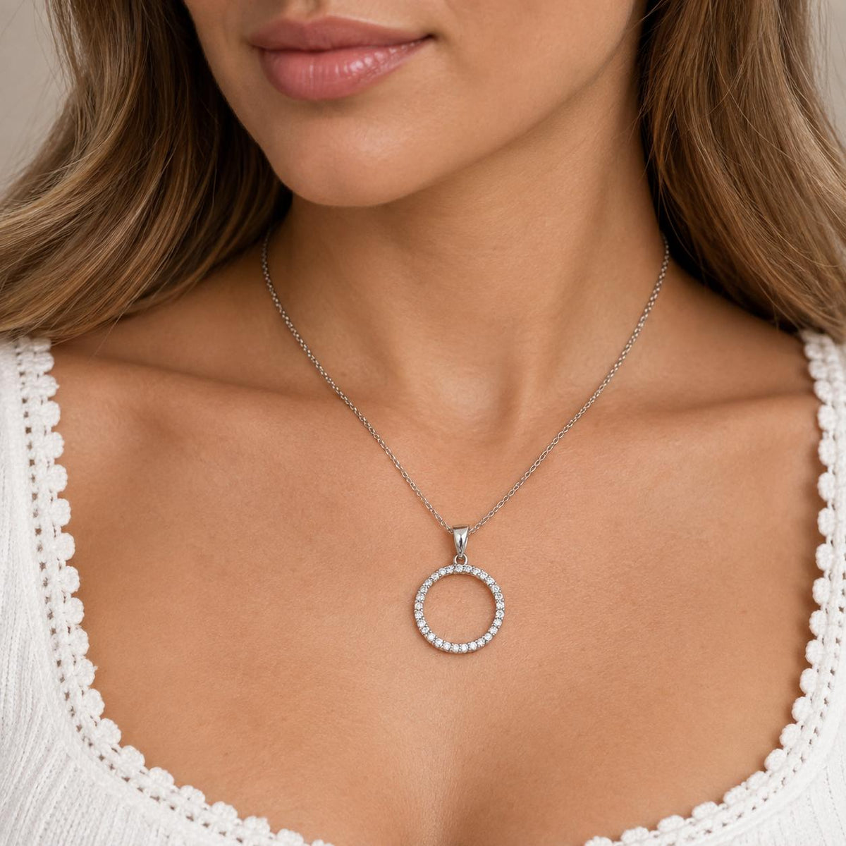 Natural Diamond Circle Pendant 14K White Gold 0.30 CTW Round G-H SI 0.90"