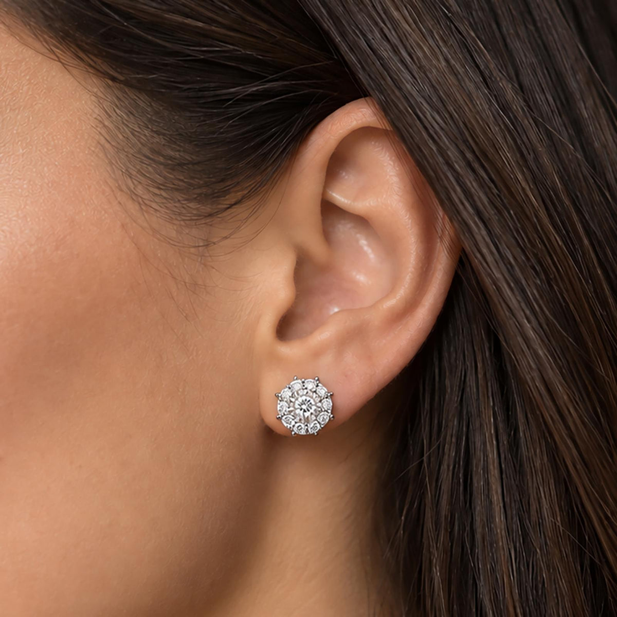 Natural Diamond Cluster Halo Stud Earrings 14K White Gold 1.00 CTW 9.2mm