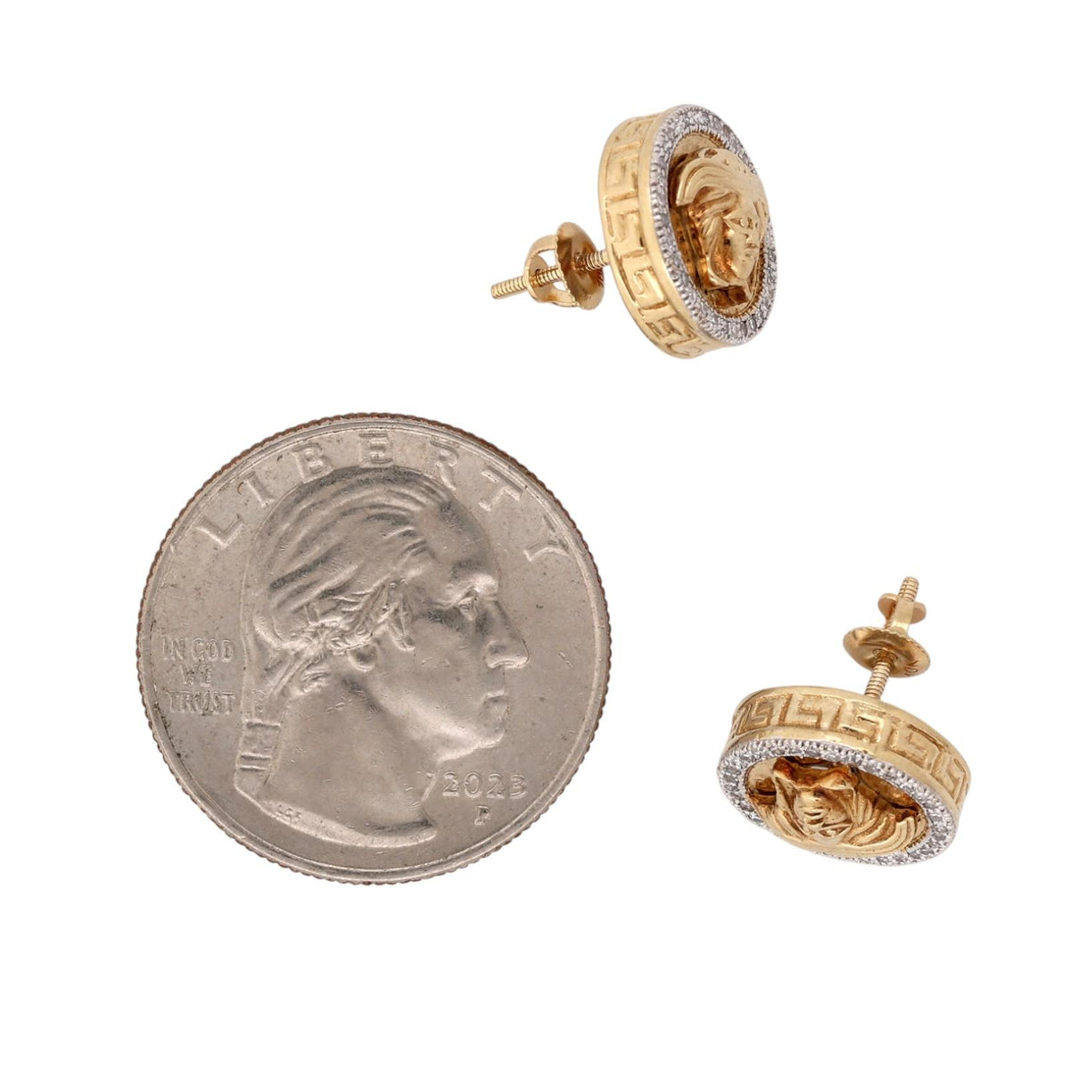 Medusa Head Diamond Stud Earrings 10K Two-Tone Gold 0.20 CTW Greek Key