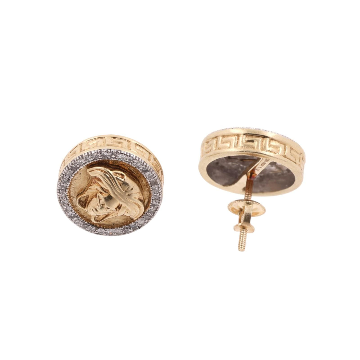 Medusa Head Diamond Stud Earrings 10K Two-Tone Gold 0.20 CTW Greek Key