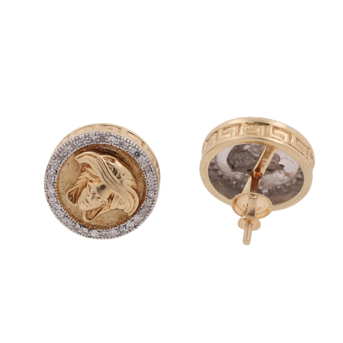 Medusa Head Diamond Stud Earrings 10K Two-Tone Gold 0.20 CTW Greek Key