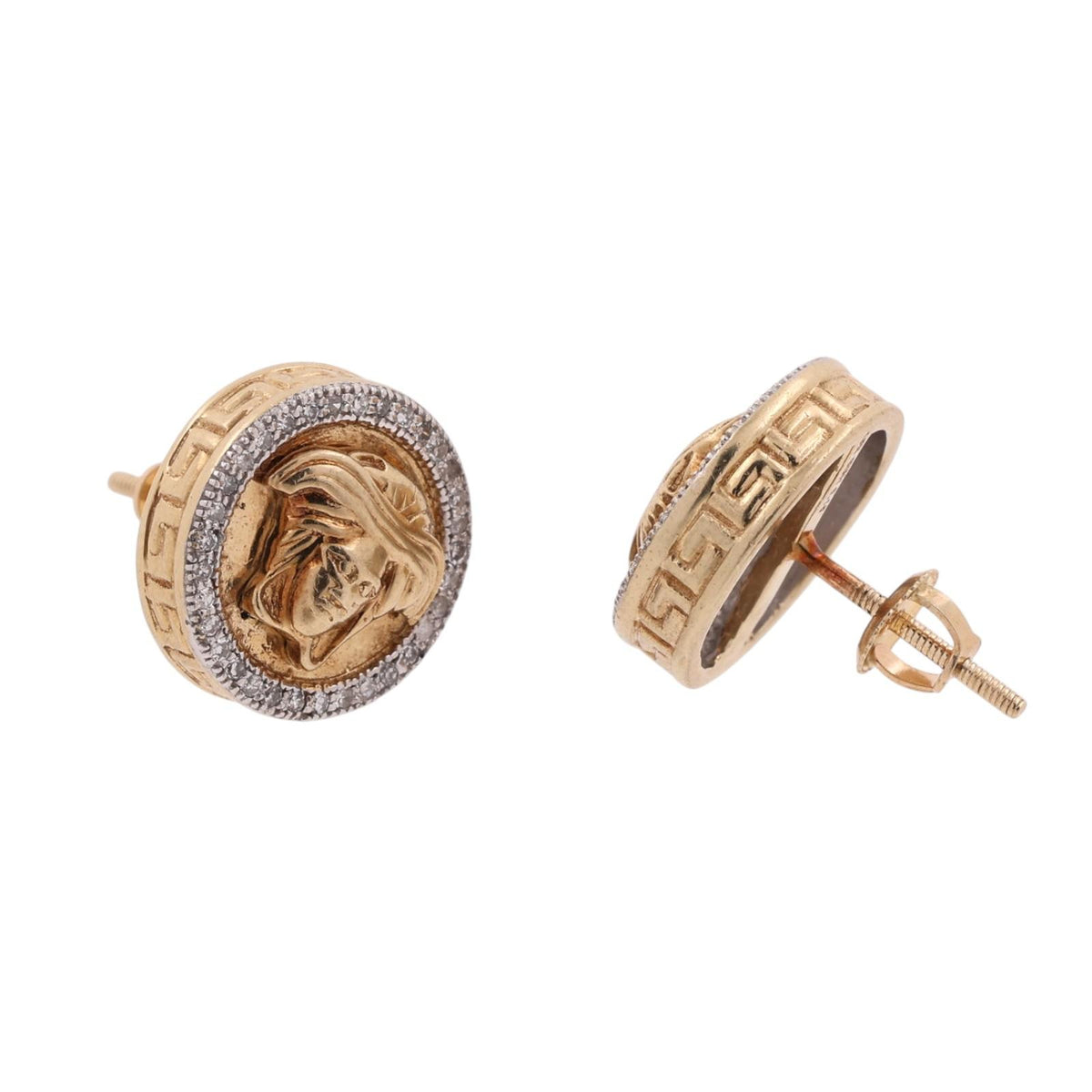 Medusa Head Diamond Stud Earrings 10K Two-Tone Gold 0.20 CTW Greek Key