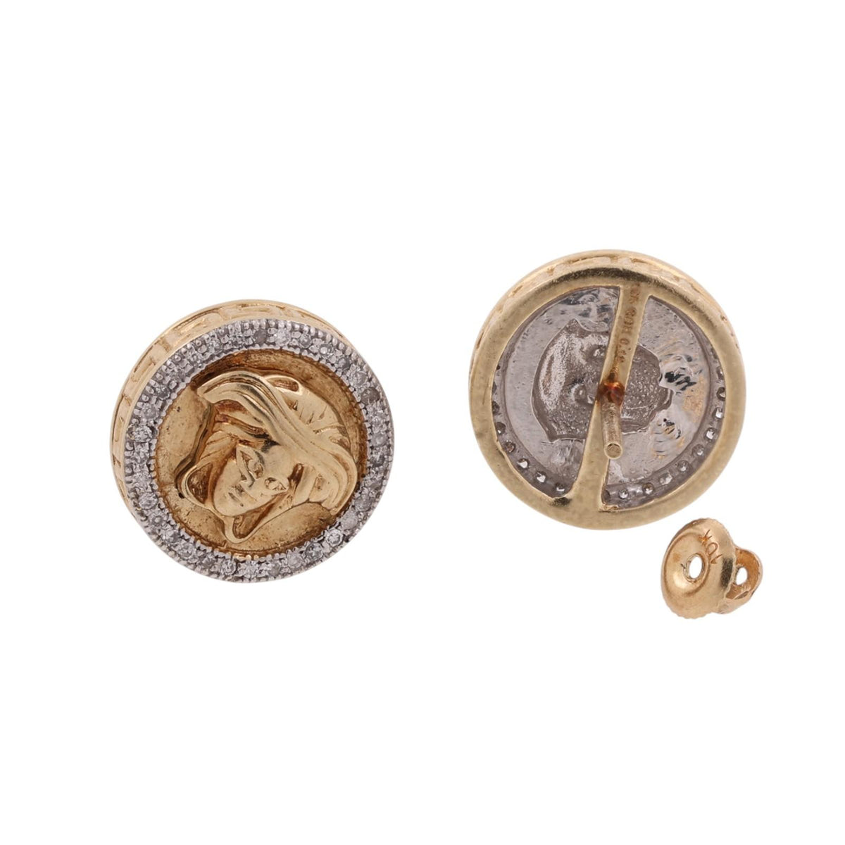 Medusa Head Diamond Stud Earrings 10K Two-Tone Gold 0.20 CTW Greek Key