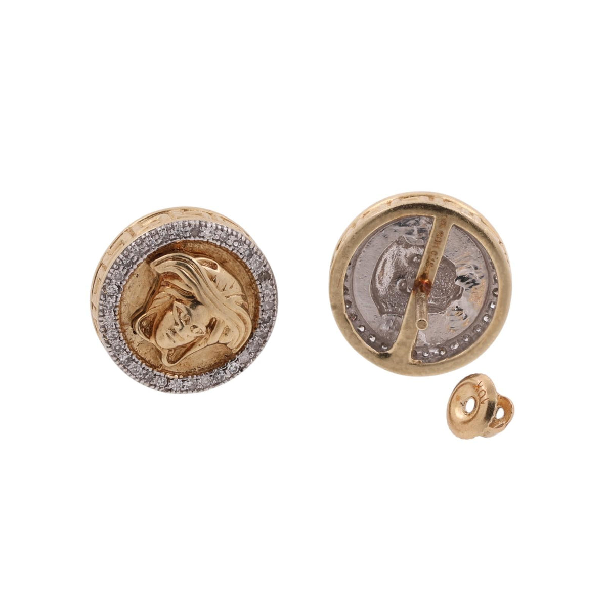 Medusa Head Diamond Stud Earrings 10K Two-Tone Gold 0.20 CTW Greek Key