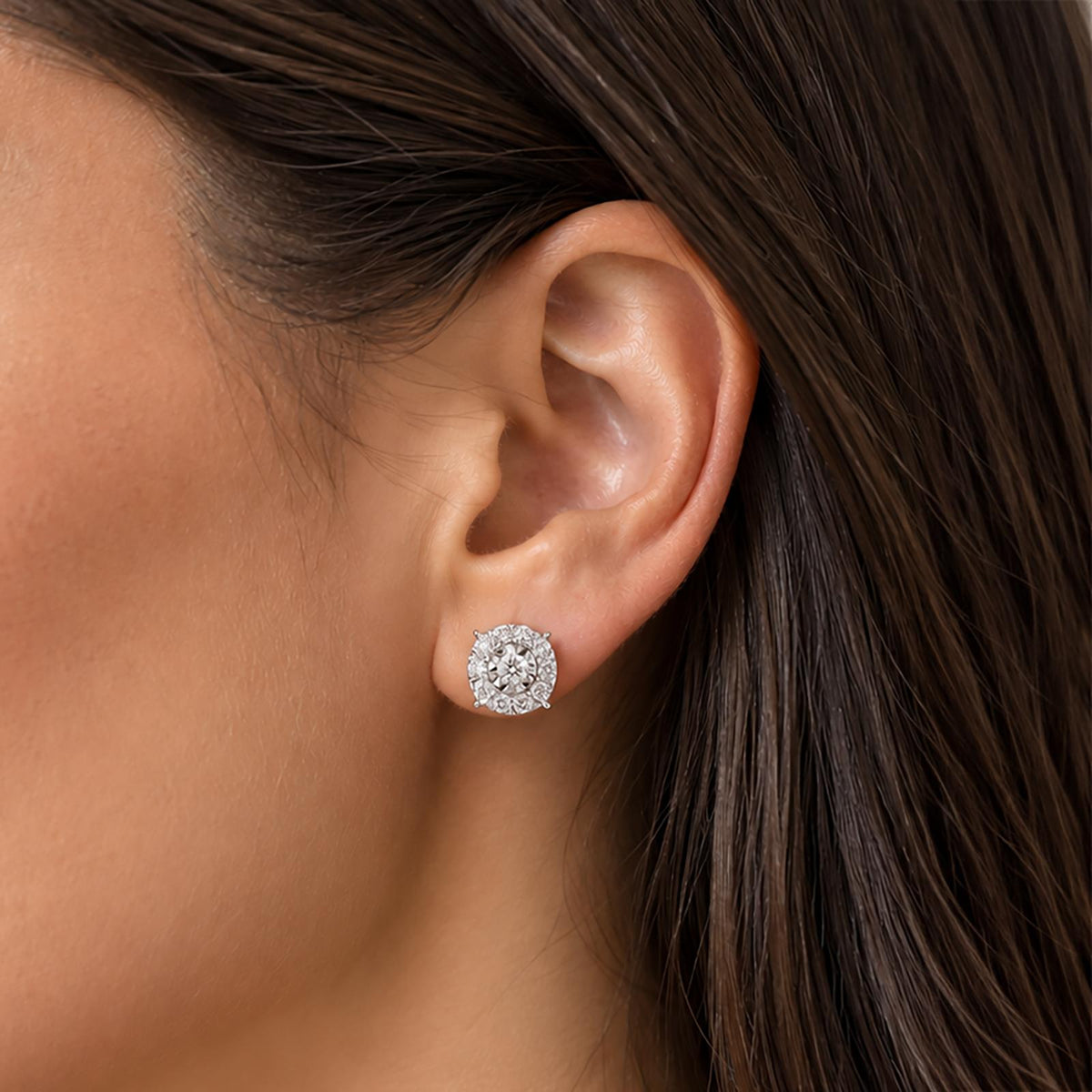 Natural Diamond Cluster Halo Stud Earrings 14K White Gold 1.30 CTW 10.3mm