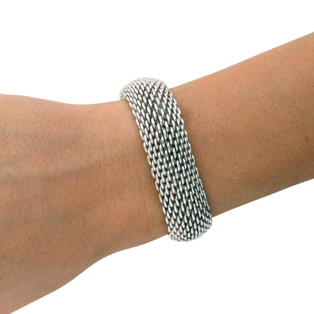 Tiffany & Co. Somerset Mesh Bangle Bracelet Sterling Silver 925 15.8mm 7.75"