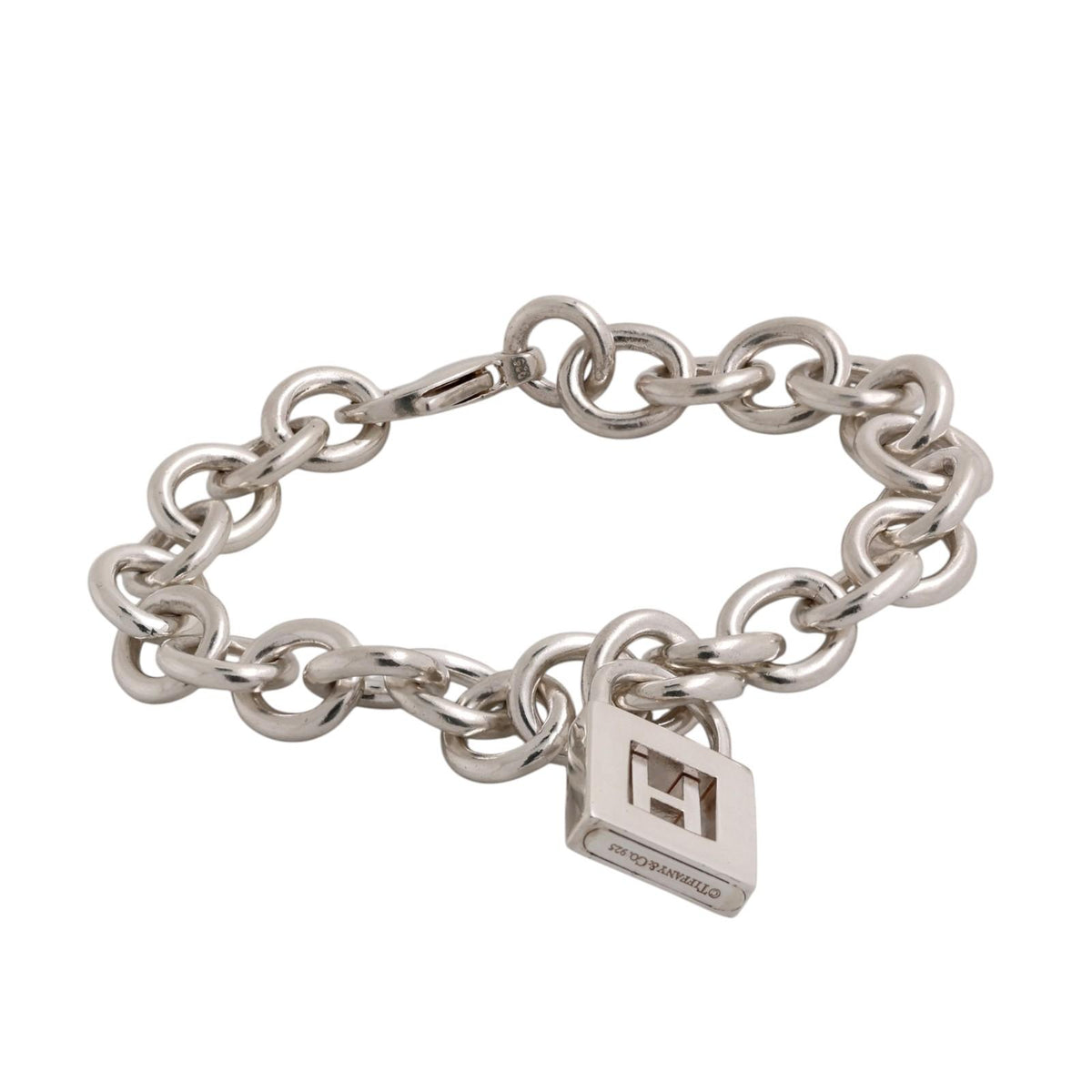 Tiffany & Co. Letter H Padlock Charm Bracelet Sterling Silver 925 7.5"