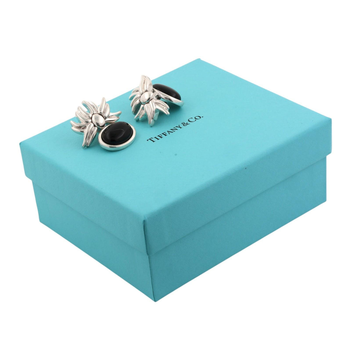 Tiffany & Co. 1986 Onyx Flower Dangle Earrings Sterling Silver 925 Rare