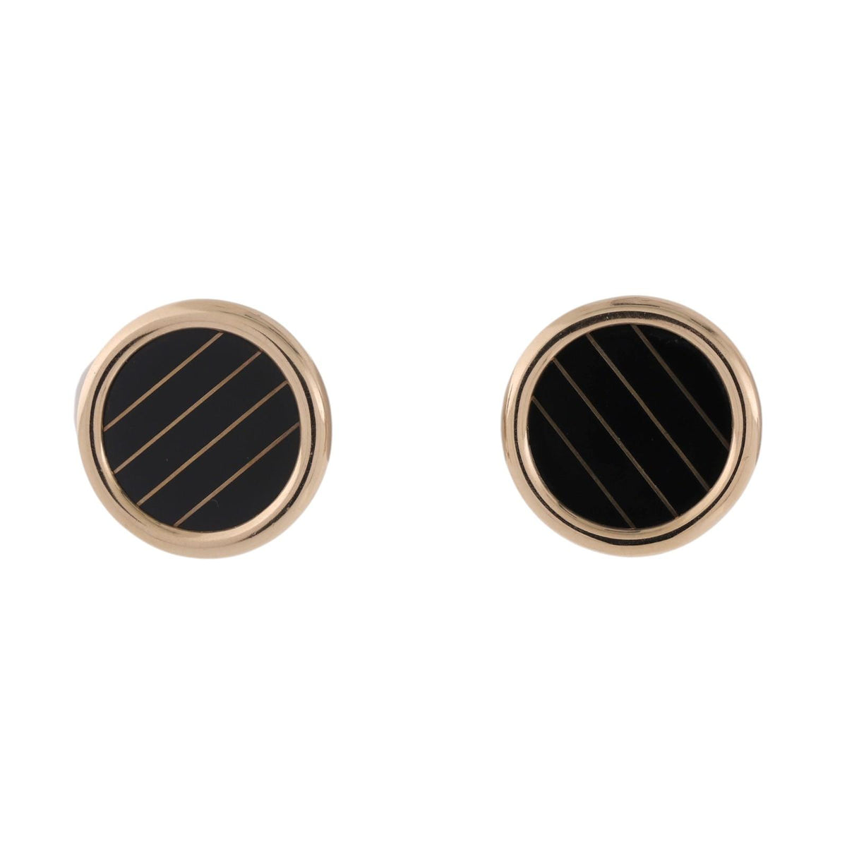 Vintage 14K Yellow Gold Black Onyx Stripe Round Omega Back Earrings 10.2g