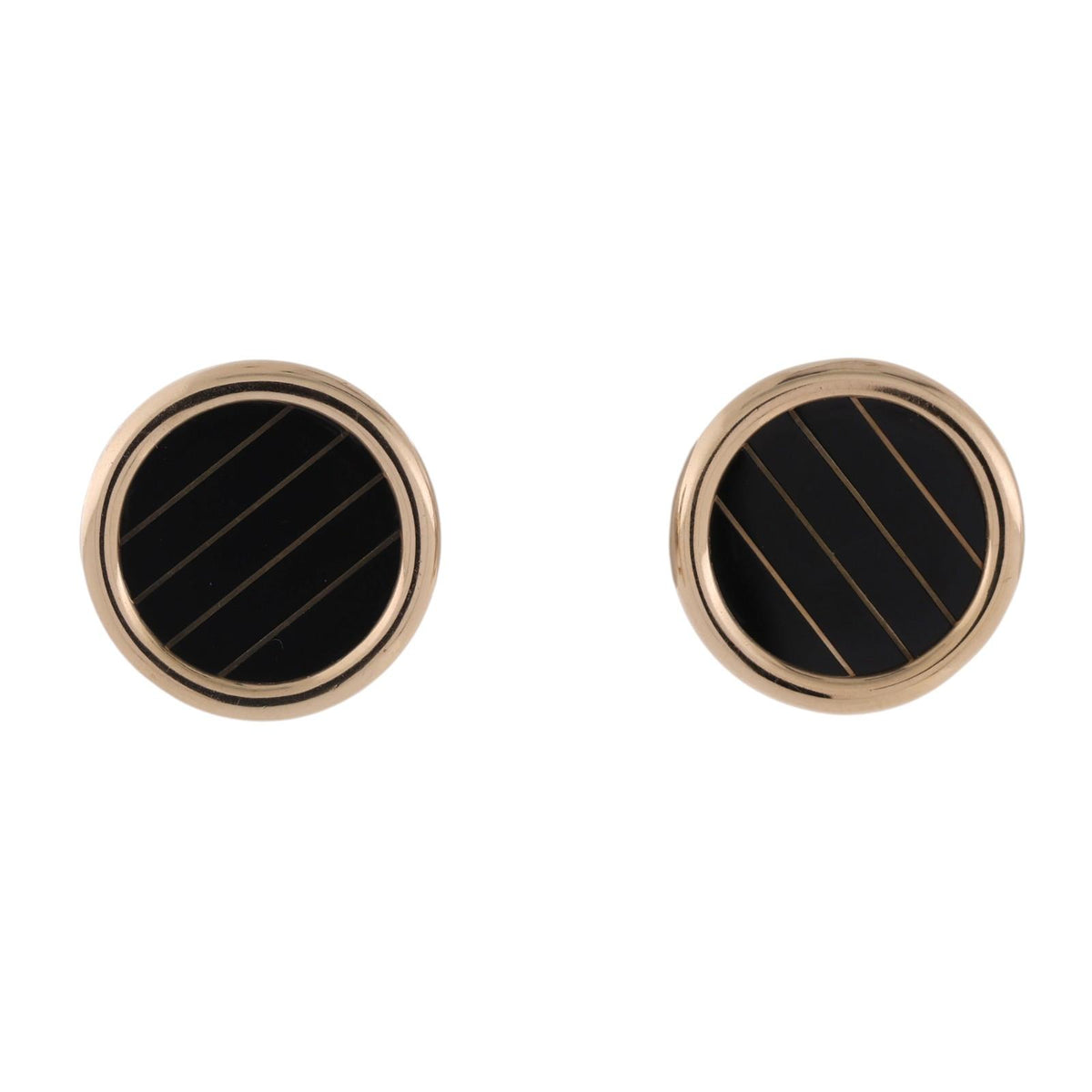 Vintage 14K Yellow Gold Black Onyx Stripe Round Omega Back Earrings 10.2g