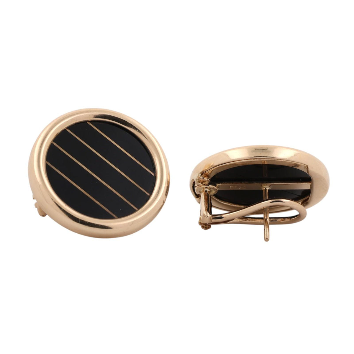 Vintage 14K Yellow Gold Black Onyx Stripe Round Omega Back Earrings 10.2g