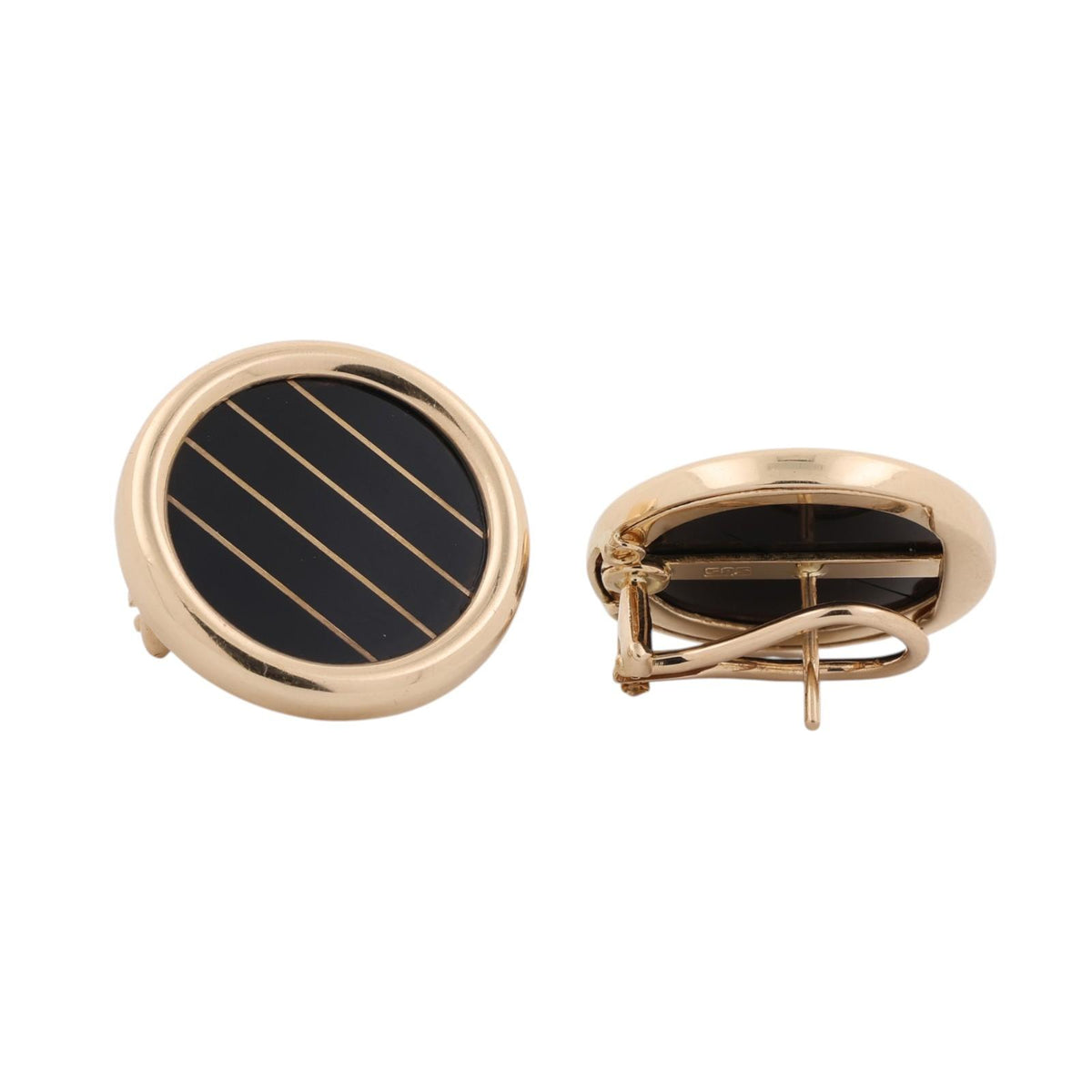 Vintage 14K Yellow Gold Black Onyx Stripe Round Omega Back Earrings 10.2g