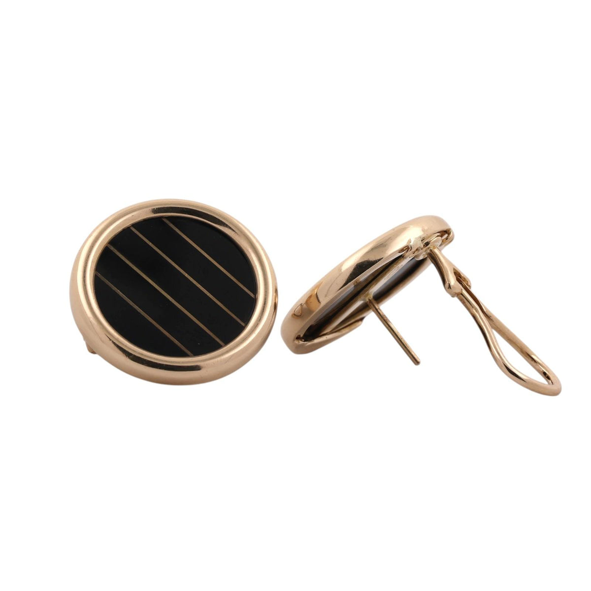 Vintage 14K Yellow Gold Black Onyx Stripe Round Omega Back Earrings 10.2g