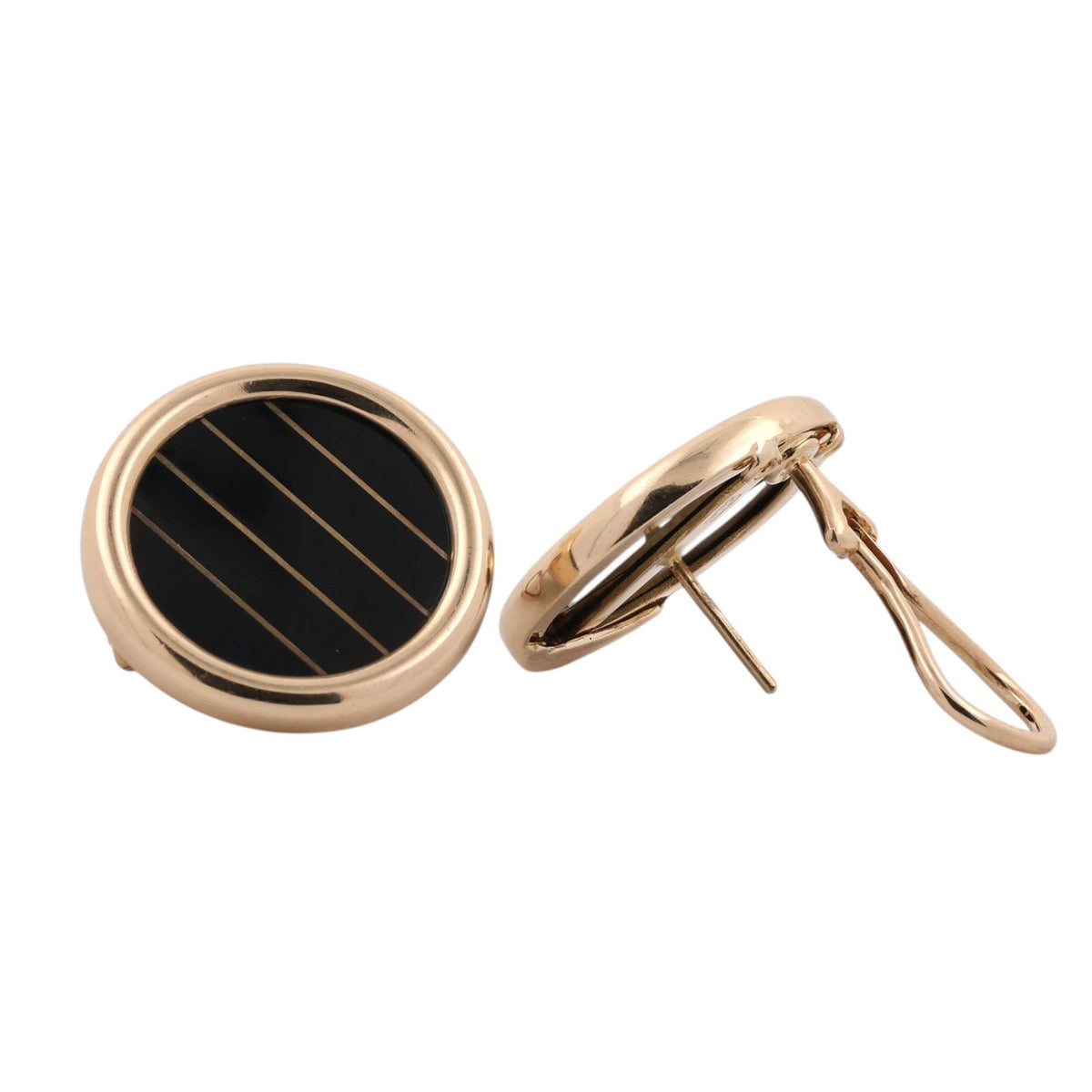 Vintage 14K Yellow Gold Black Onyx Stripe Round Omega Back Earrings 10.2g