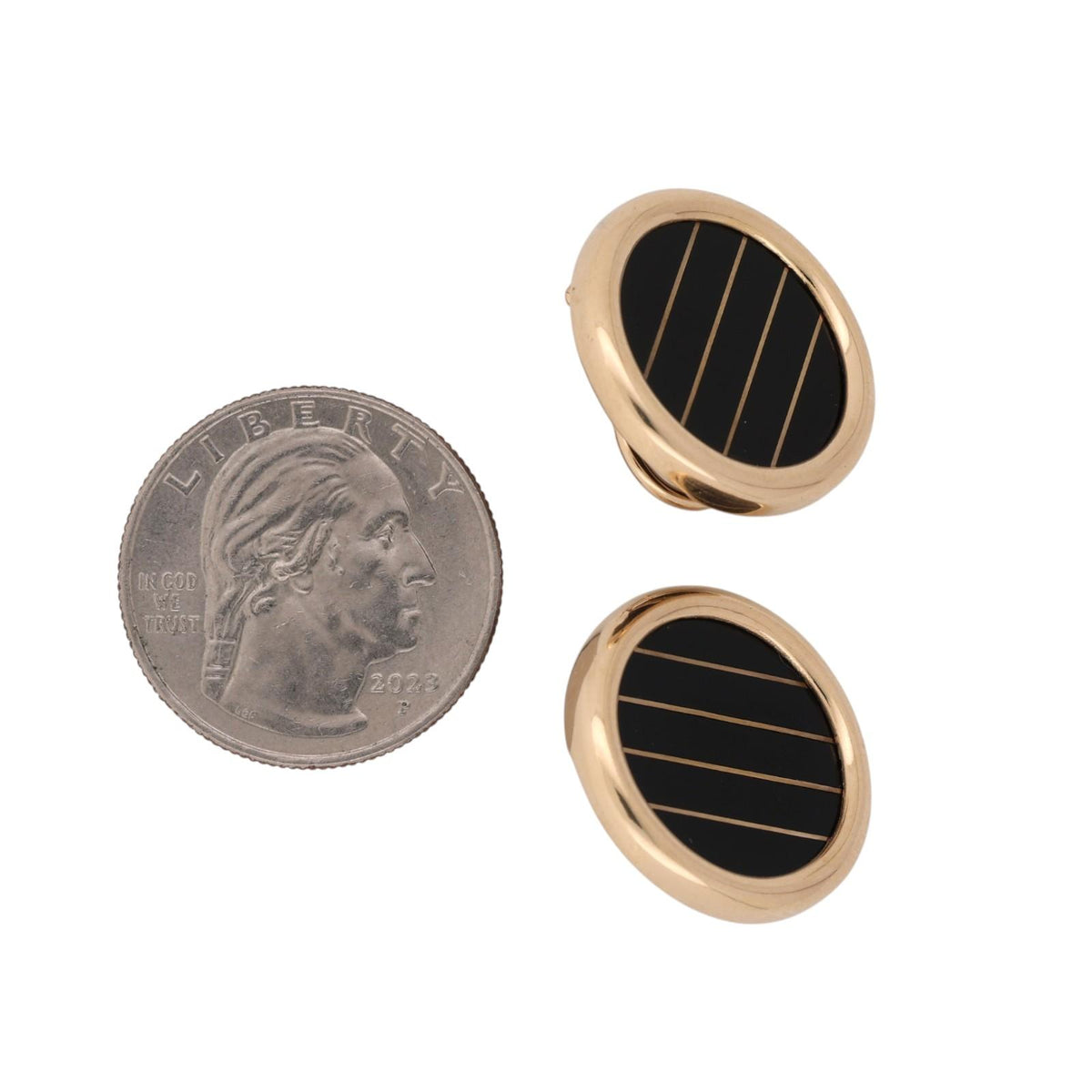 Vintage 14K Yellow Gold Black Onyx Stripe Round Omega Back Earrings 10.2g