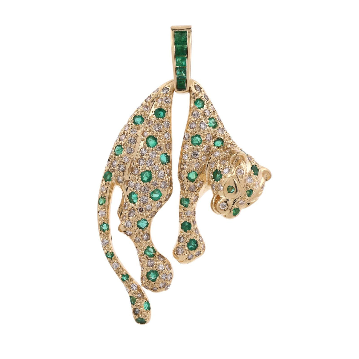 18K Yellow Gold Emerald Diamond Panther Pendant 2.37 CTW 17.5g Estate