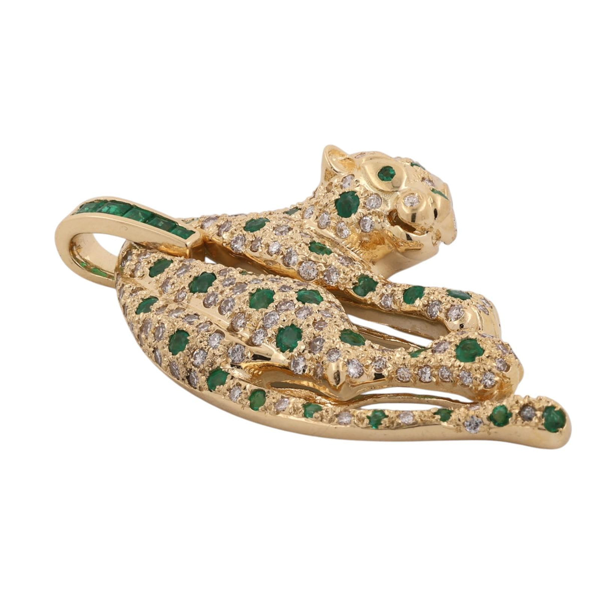 18K Yellow Gold Emerald Diamond Panther Pendant 2.37 CTW 17.5g Estate
