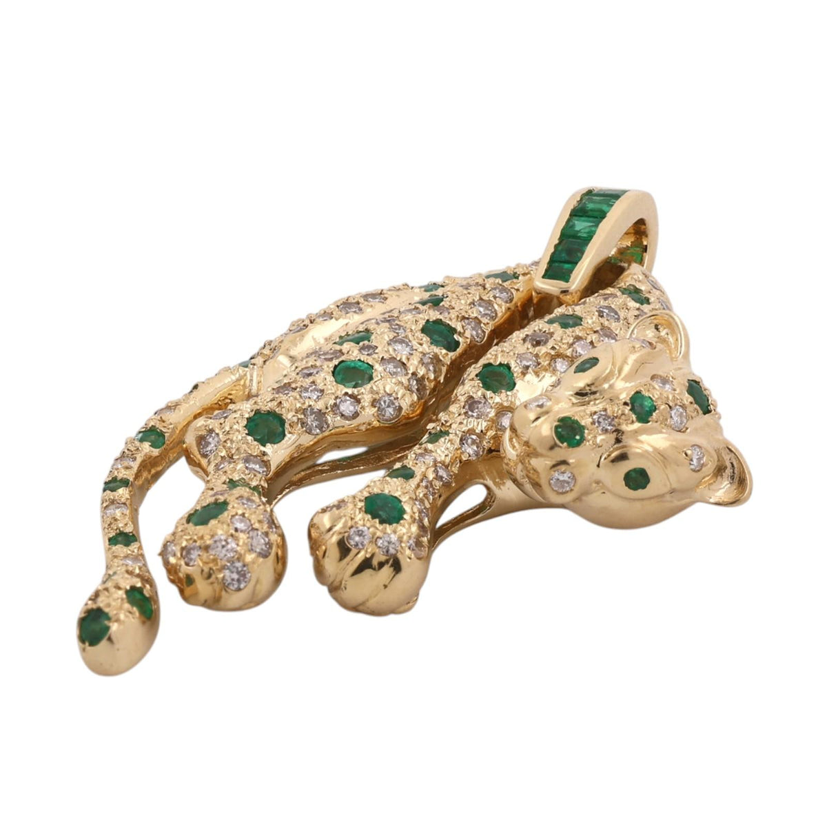 18K Yellow Gold Emerald Diamond Panther Pendant 2.37 CTW 17.5g Estate