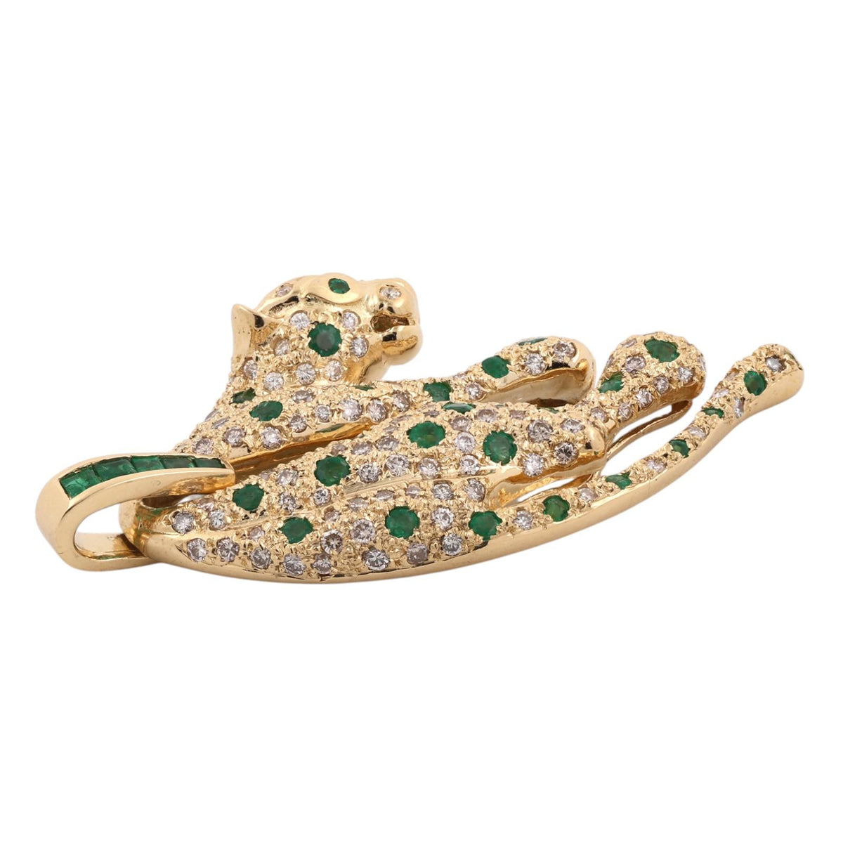 18K Yellow Gold Emerald Diamond Panther Pendant 2.37 CTW 17.5g Estate