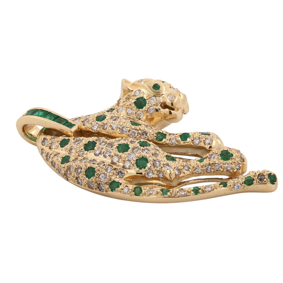18K Yellow Gold Emerald Diamond Panther Pendant 2.37 CTW 17.5g Estate