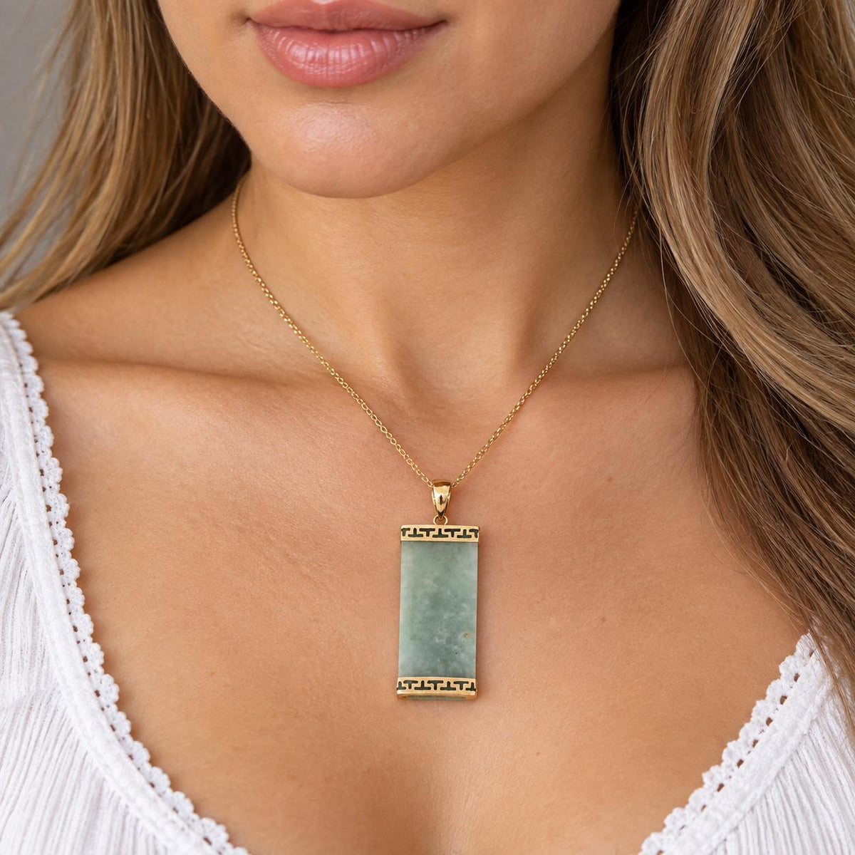 14K Yellow Gold Jadeite Pendant Pale Green Jade Greek Key 1.69" Estate