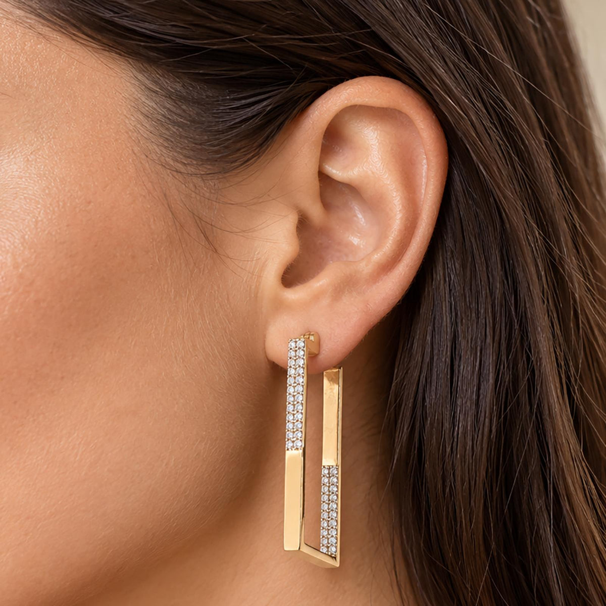 14K Two-Tone Gold Diamond Geometric Rectangle Hoop Earrings 1.25 CTW 13.1g