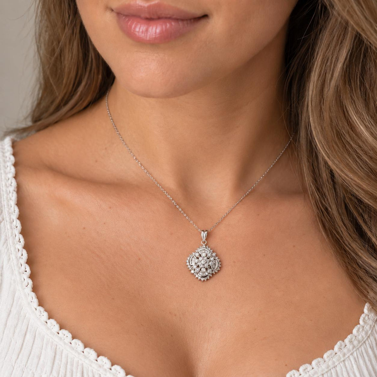 Effy Diamond Floral Cluster Pendant 14K White Gold 1.50 CTW Round Baguette