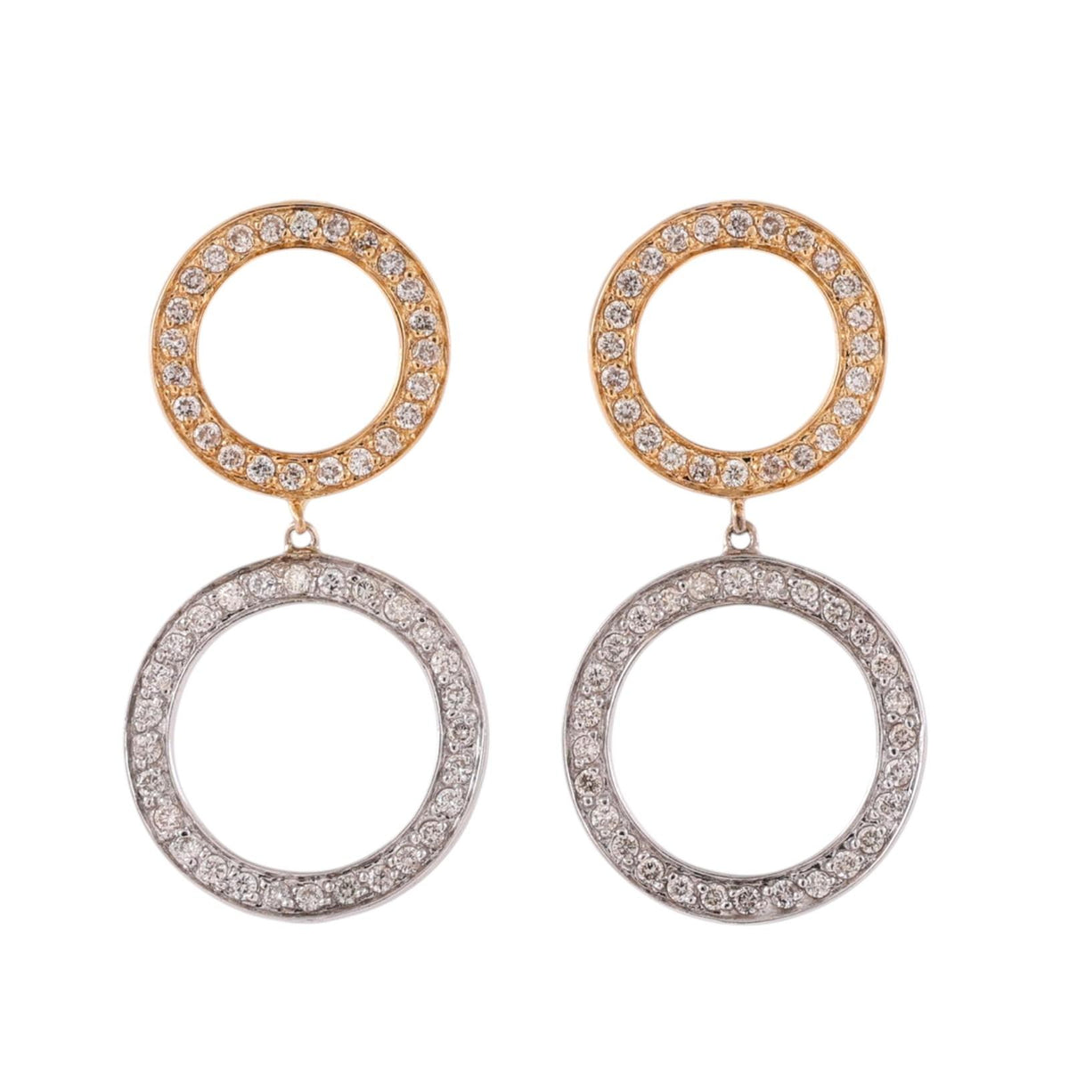 Natural Diamond Double Circle Drop Earrings 14K Two-Tone Gold 1.00 CTW 1.18"
