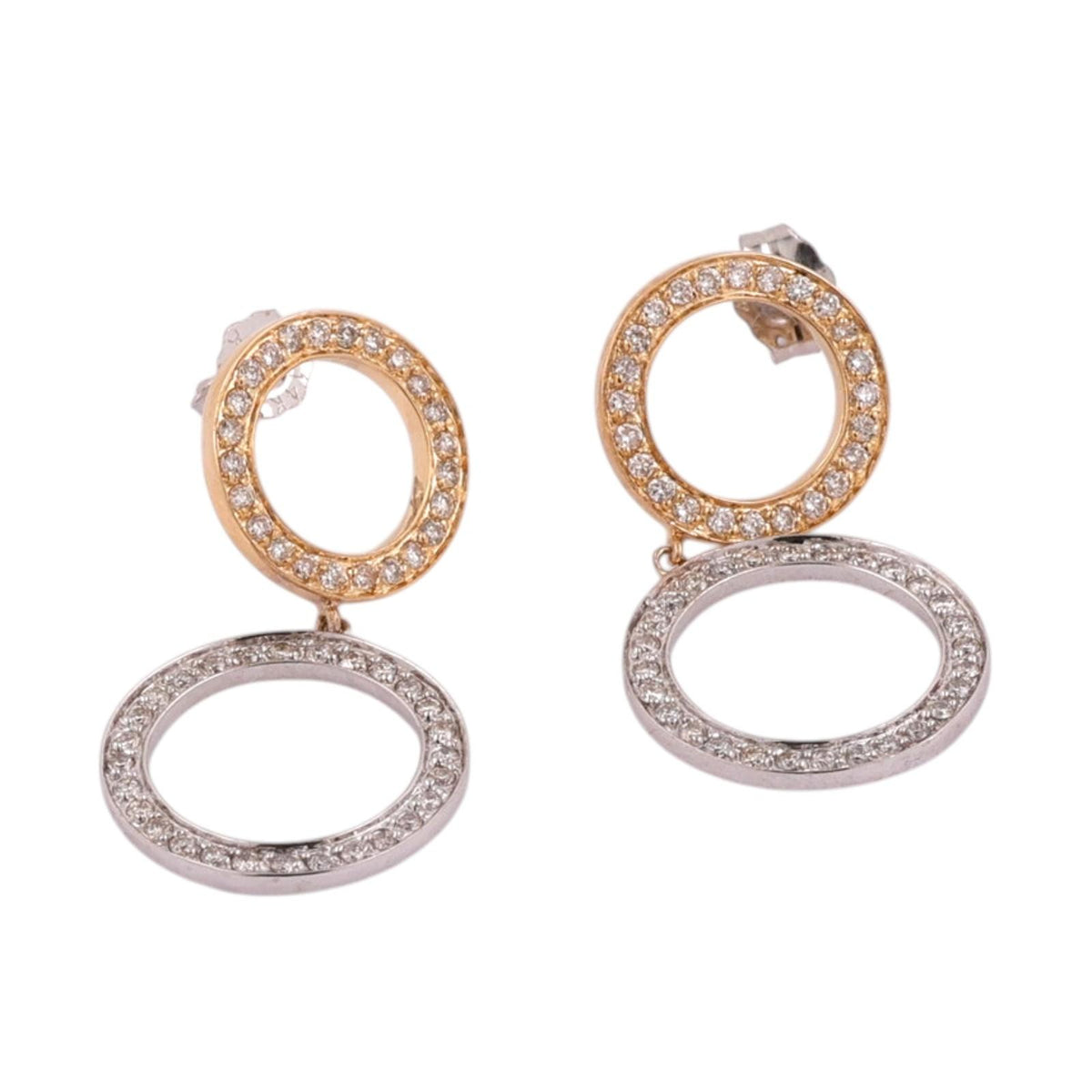 Natural Diamond Double Circle Drop Earrings 14K Two-Tone Gold 1.00 CTW 1.18"