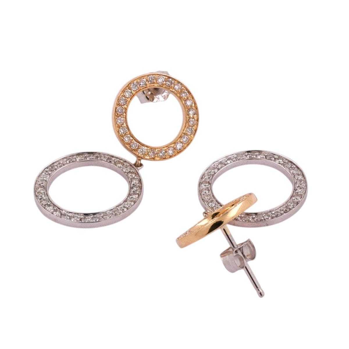 Natural Diamond Double Circle Drop Earrings 14K Two-Tone Gold 1.00 CTW 1.18"