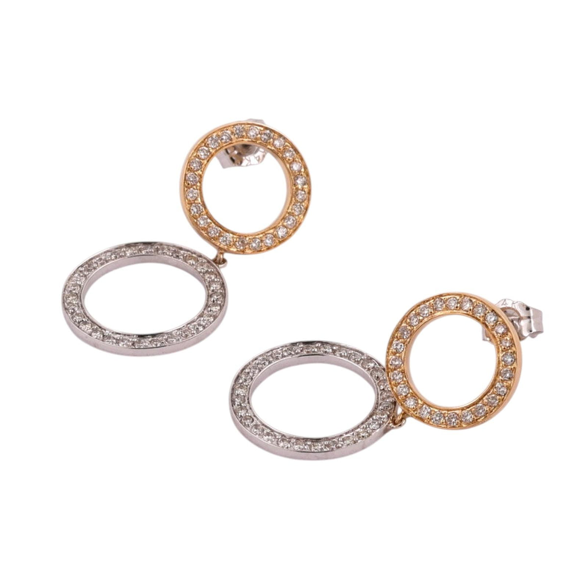 Natural Diamond Double Circle Drop Earrings 14K Two-Tone Gold 1.00 CTW 1.18"