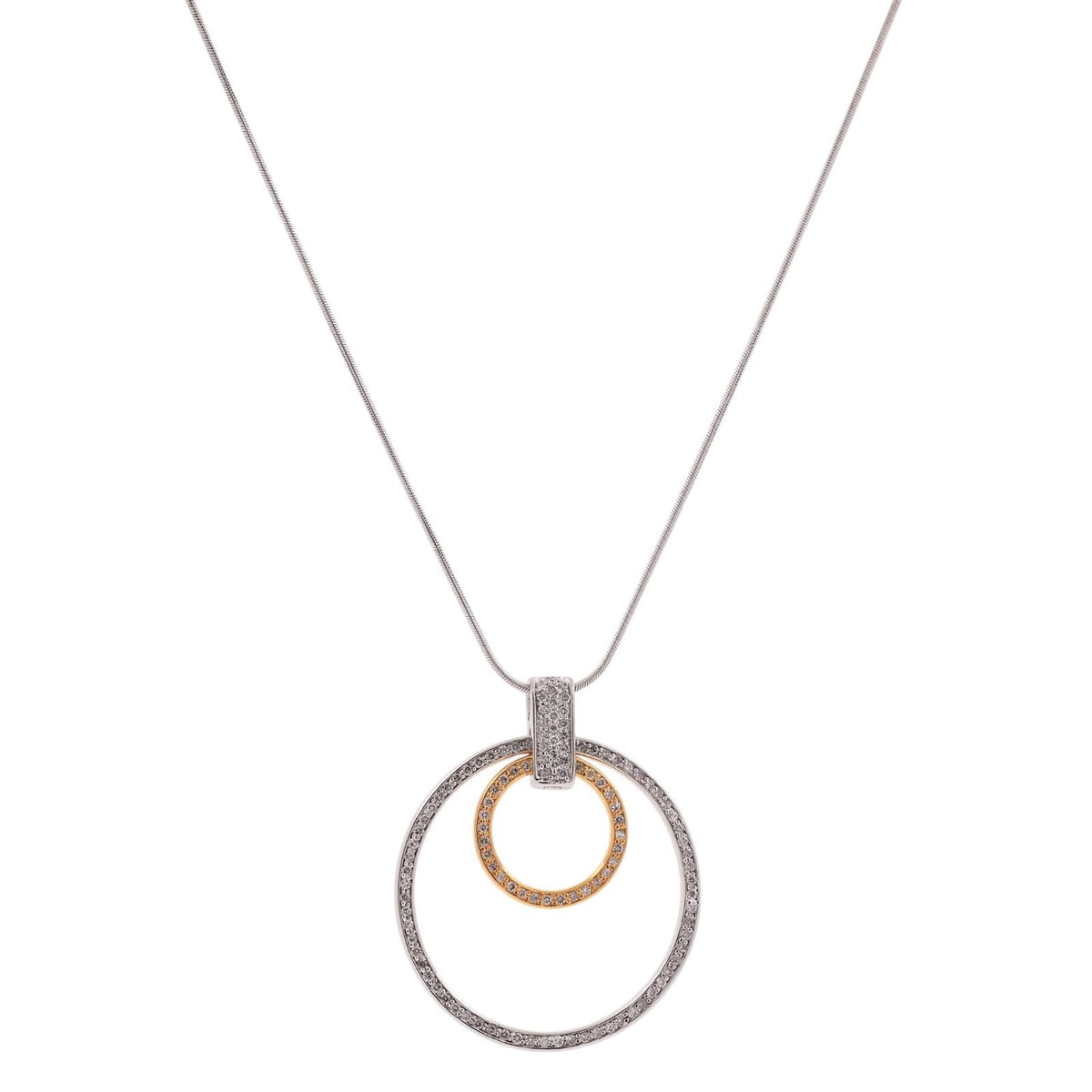 14K Two Tone Gold Natural Diamond Double Circle Pendant Necklace 1.15 CTW 16"