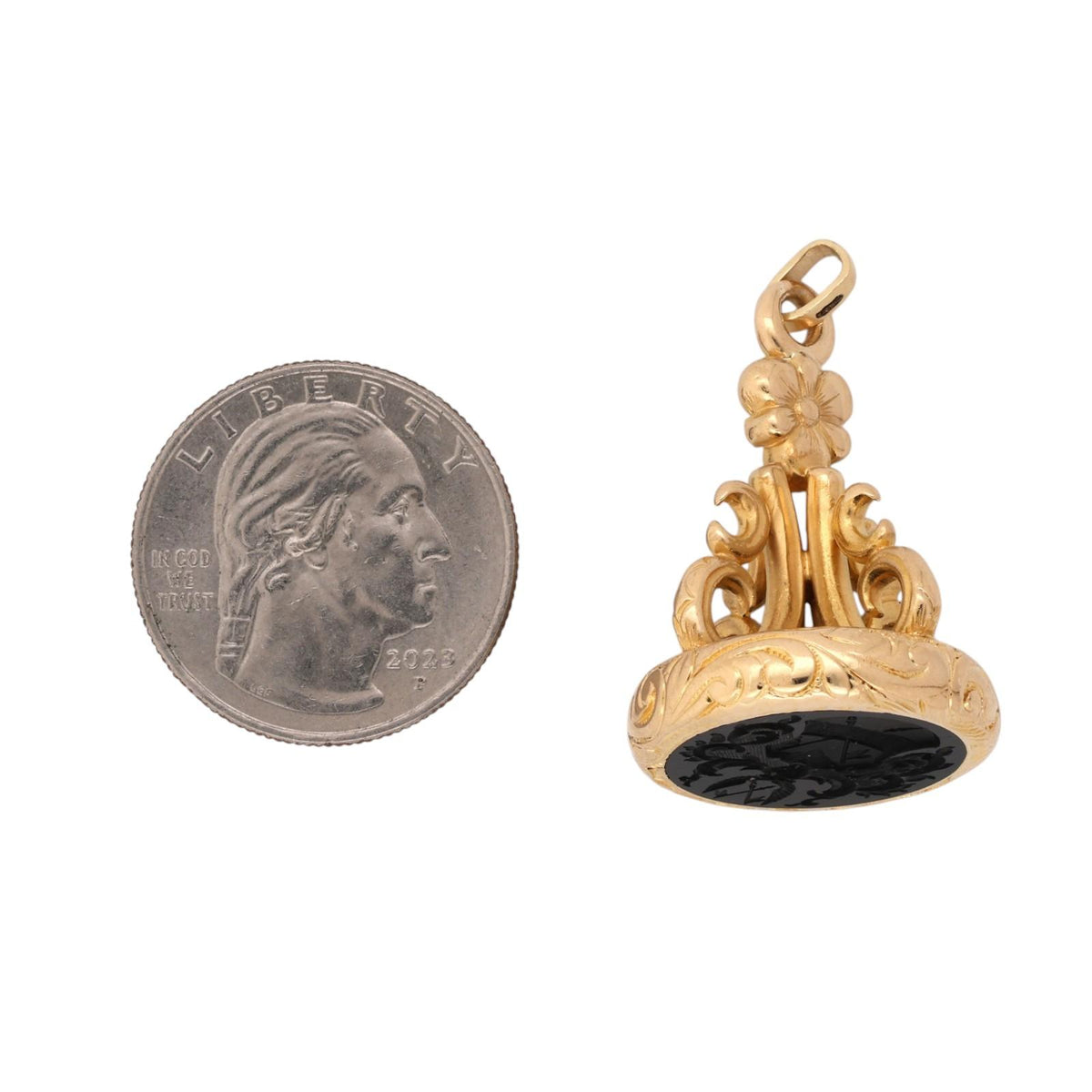 Antique Style 18K Yellow Gold Black Onyx Intaglio Seal Fob Pendant 20.5g