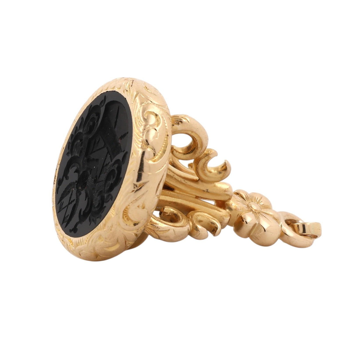 Antique Style 18K Yellow Gold Black Onyx Intaglio Seal Fob Pendant 20.5g