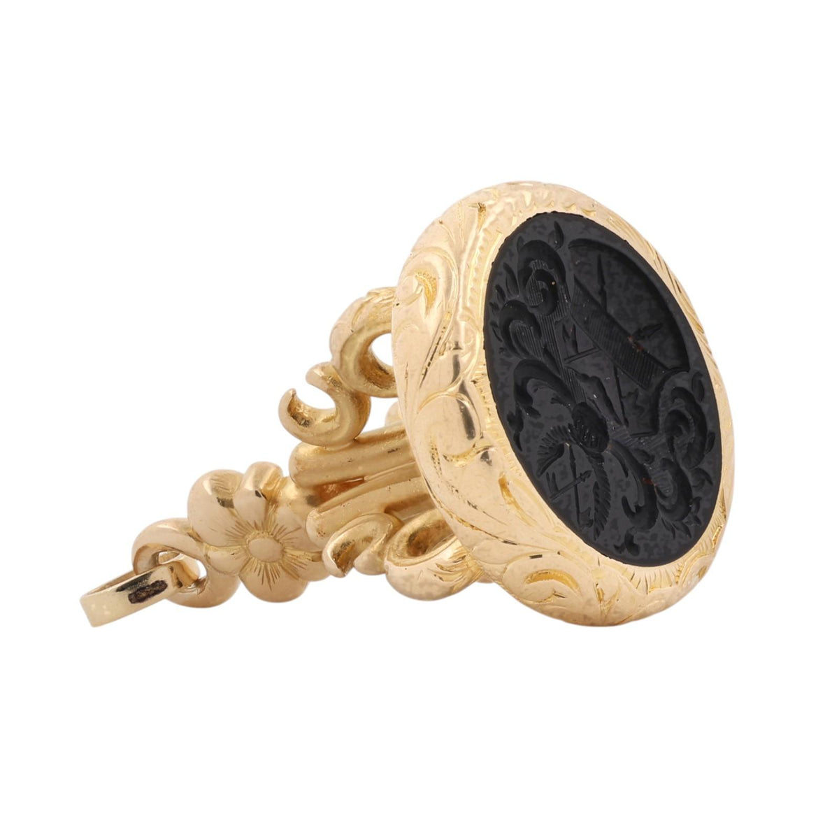 Antique Style 18K Yellow Gold Black Onyx Intaglio Seal Fob Pendant 20.5g